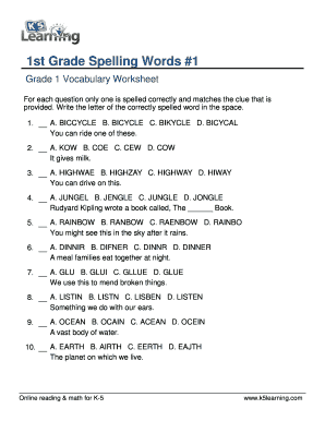 Vocabulary 1st Grade Spelling Words Printable Kindergarten
