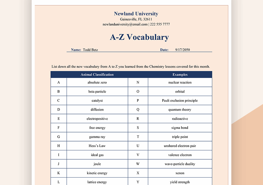 Vocabulary A Z Worksheet Template Download In Excel Google Sheets
