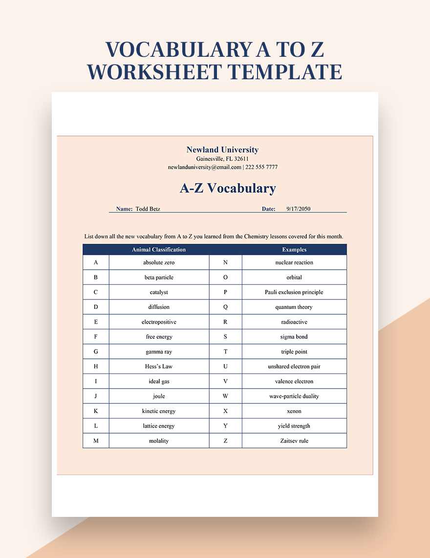 Vocabulary A Z Worksheet Template Download In Excel Google Sheets 