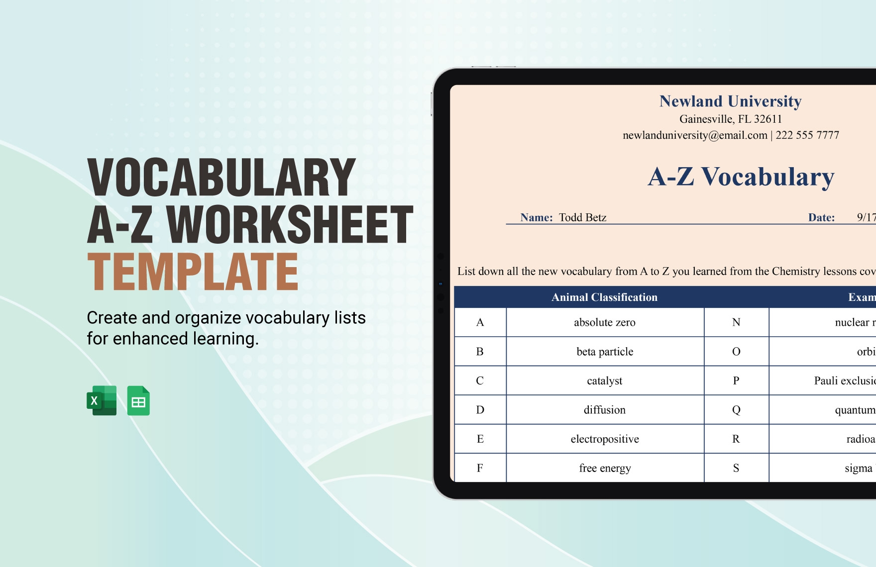 Vocabulary A Z Worksheet Template In Excel Google Sheets Download 