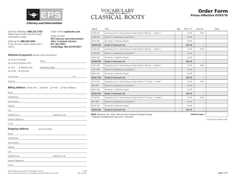 Vocabulary From Classical Roots Order Form
