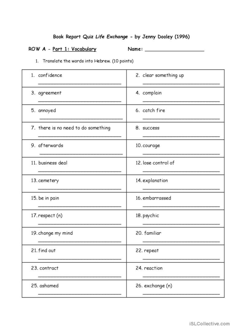 Vocabulary Practice For Book Transl English ESL Worksheets Pdf Doc