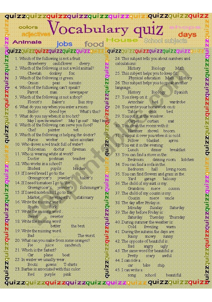 Vocabulary Quiz ESL Worksheet By Donapeter