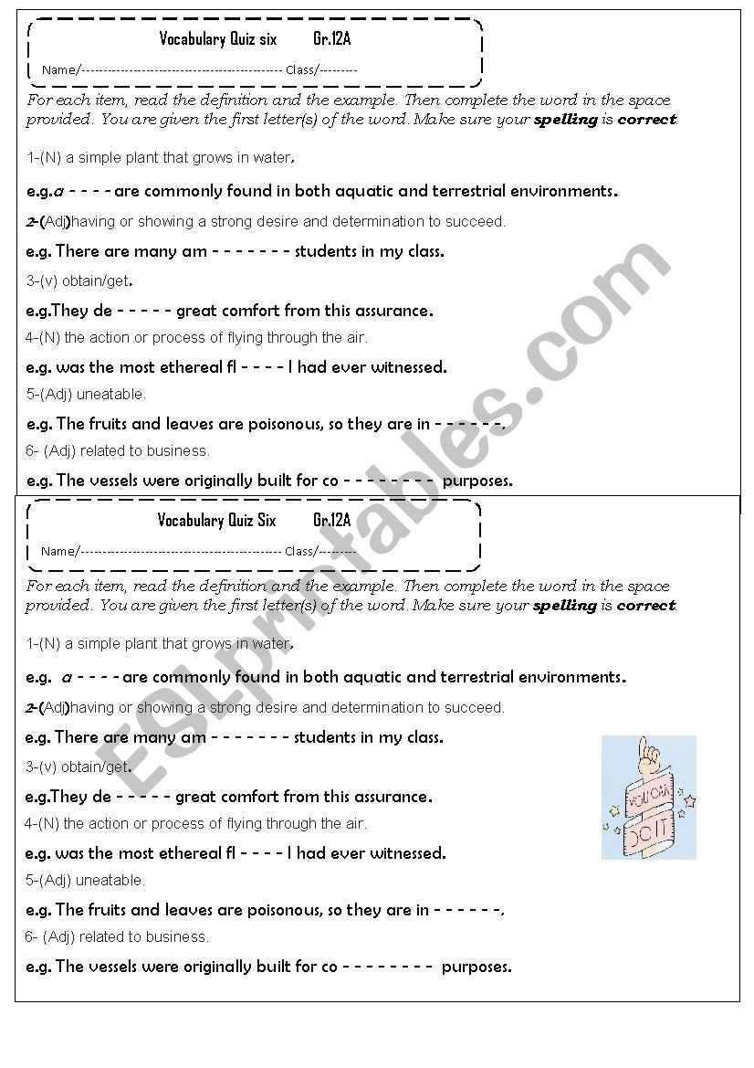 Vocabulary Quiz ESL Worksheet By Muneera139