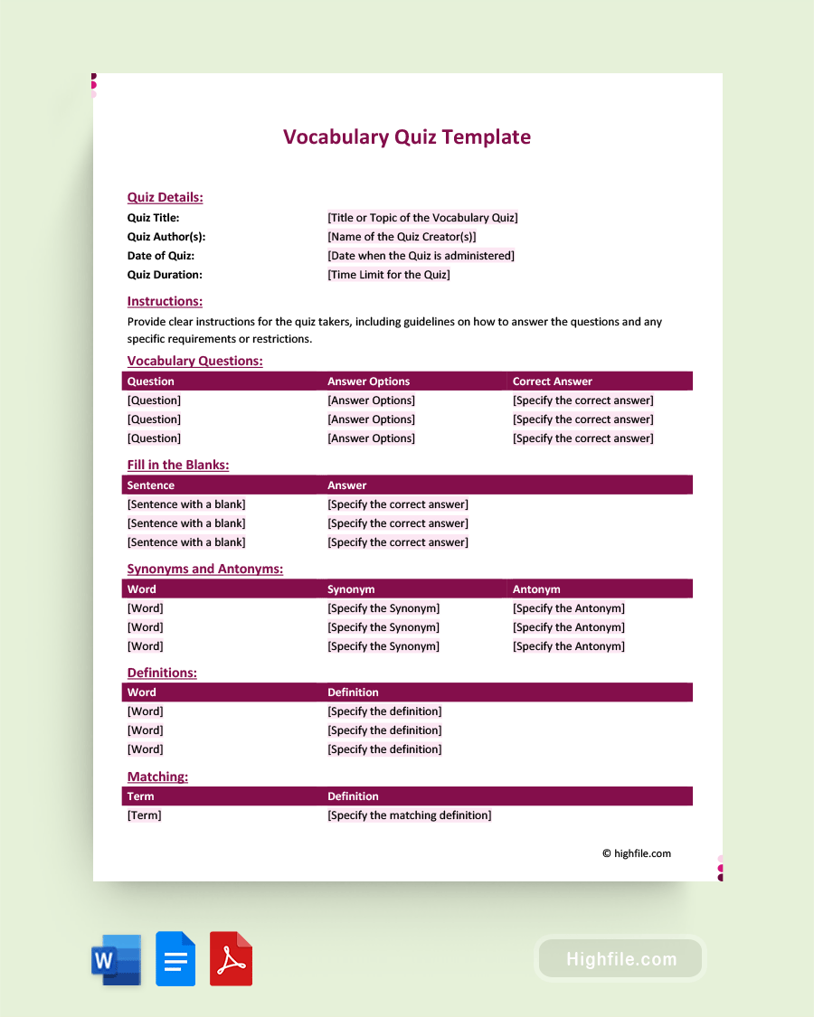 Vocabulary Quiz Template Word PDF Google Docs Highfile