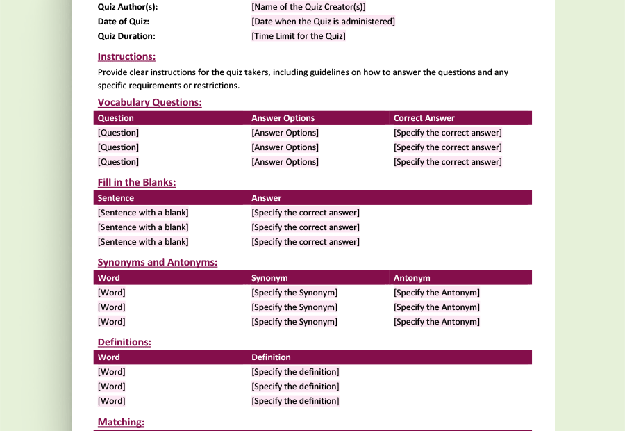 Vocabulary Quiz Template Word PDF Google Docs Highfile