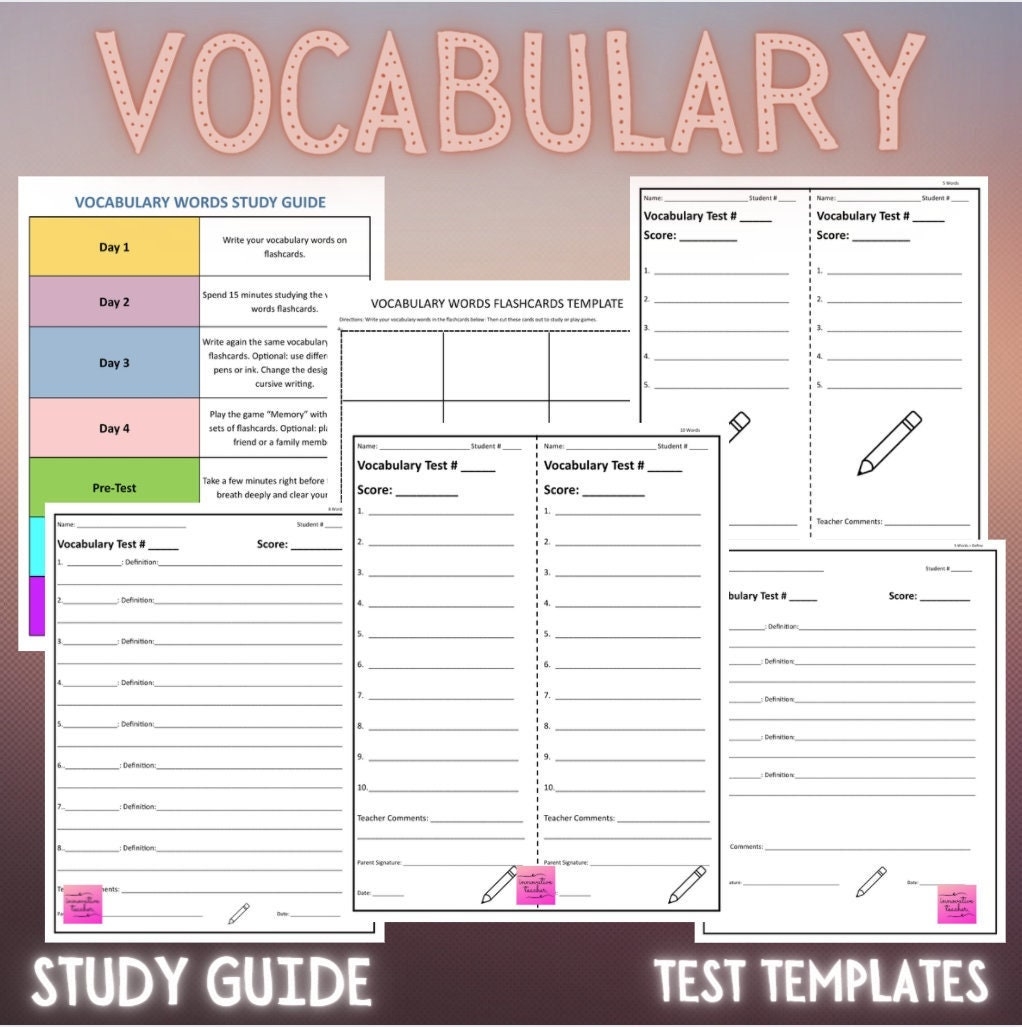 Vocabulary Study Guide Test Templates Etsy