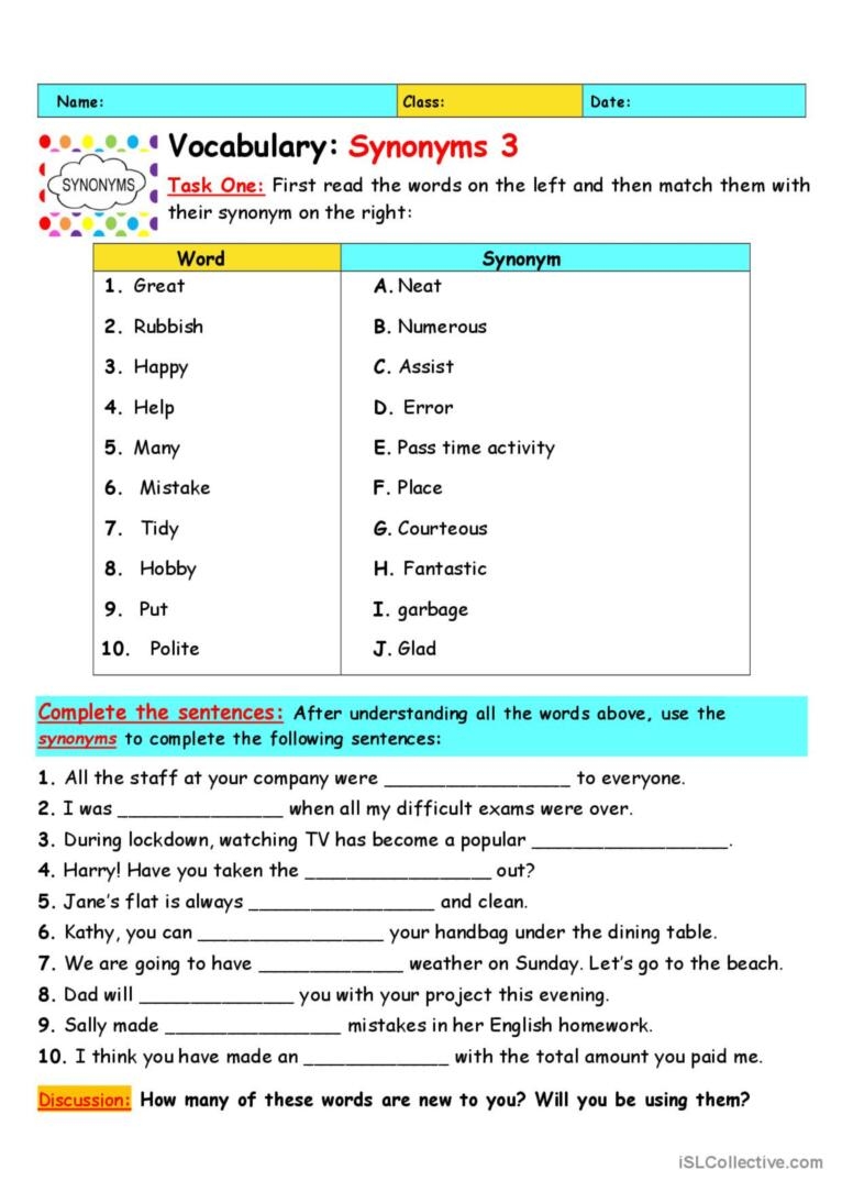 Vocabulary Synonyms 3 English ESL Worksheets Pdf Doc