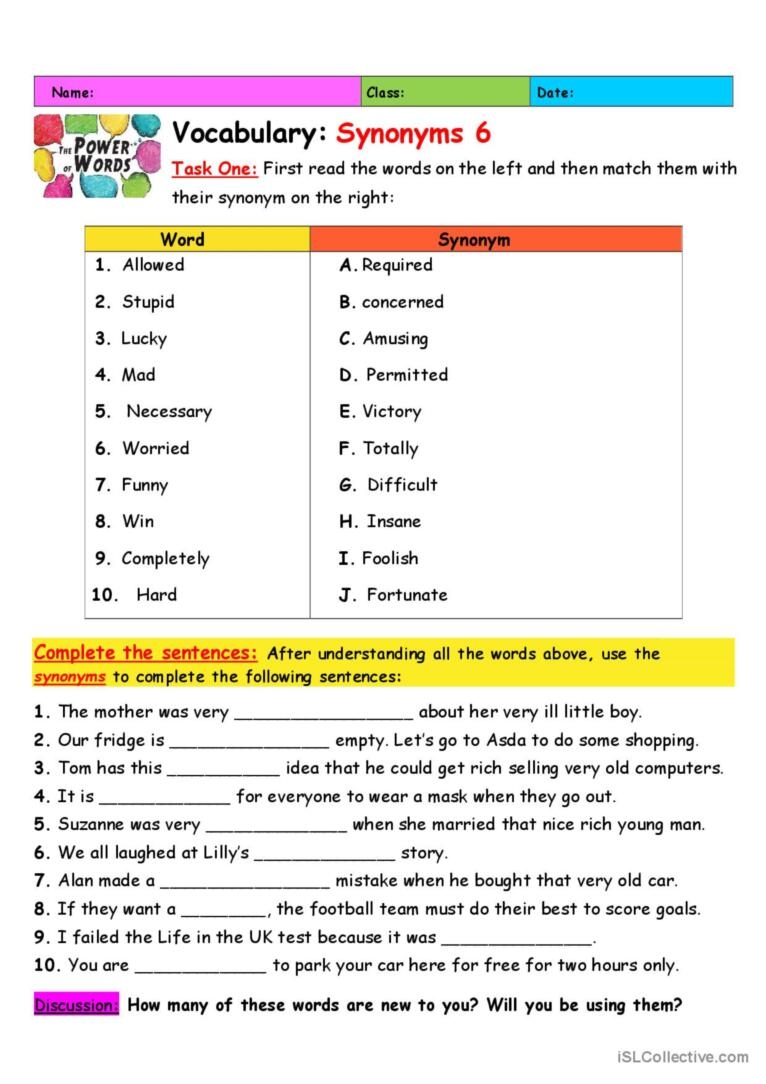 Vocabulary Synonyms 6 English ESL Worksheets Pdf Doc