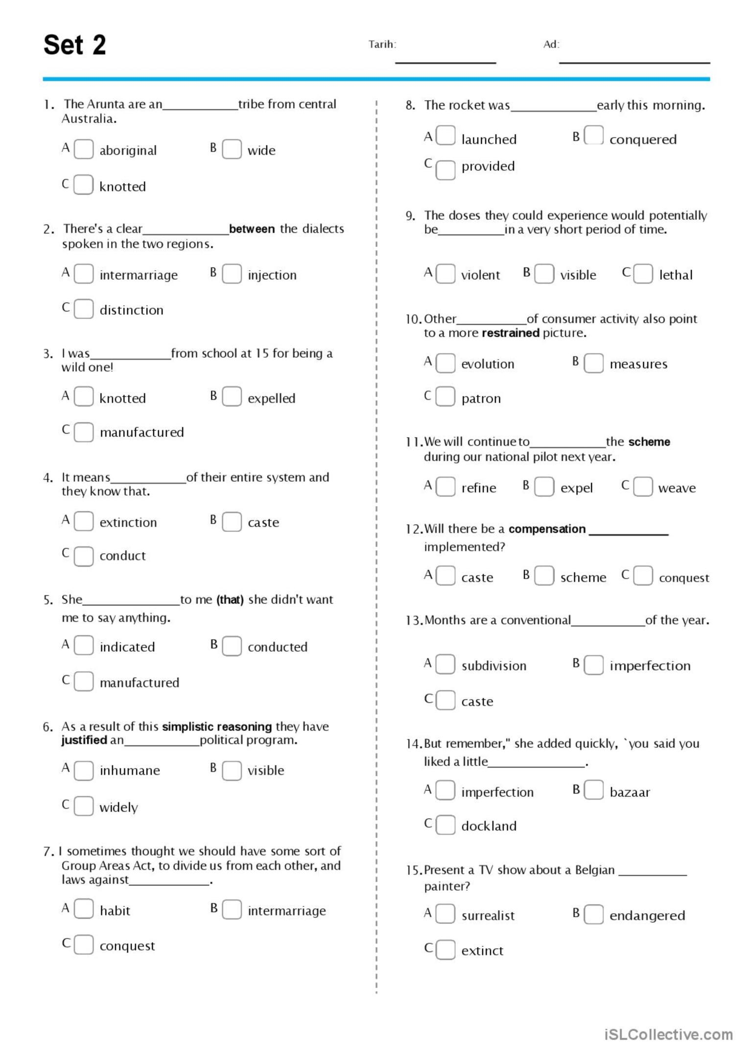 Vocabulary Test set2 General Vocab English ESL Worksheets Pdf Doc