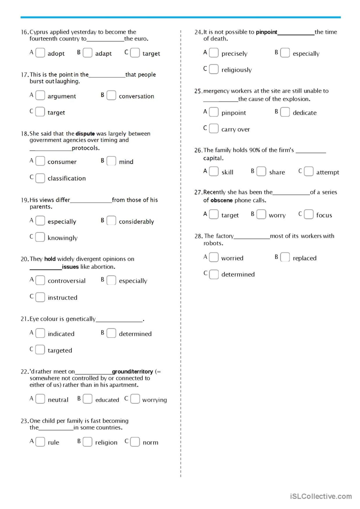 Vocabulary Test set2 General Vocab English ESL Worksheets Pdf Doc