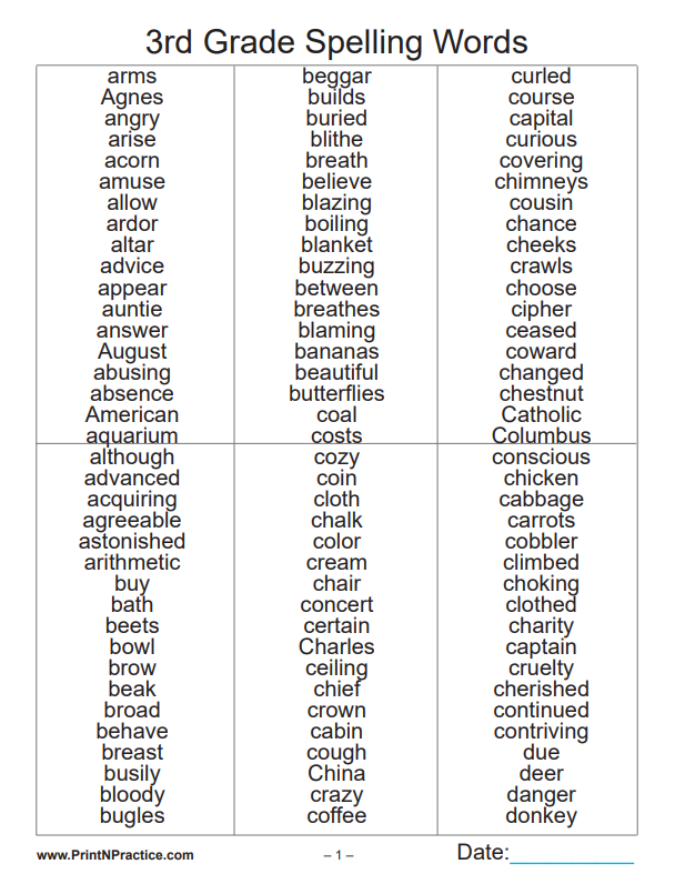 vocabulary words for 3rd graders