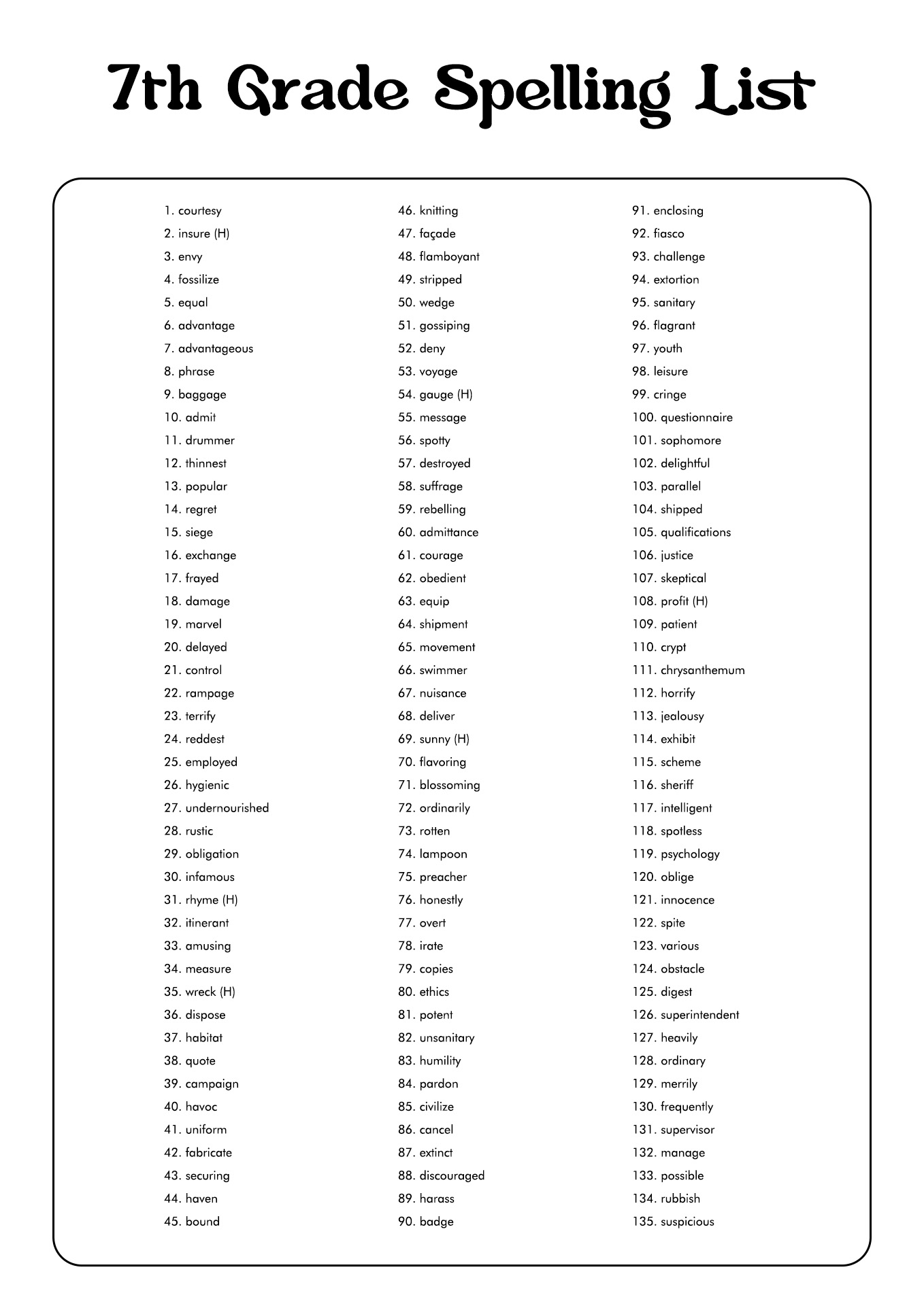 Vocabulary Words For 7th Grade