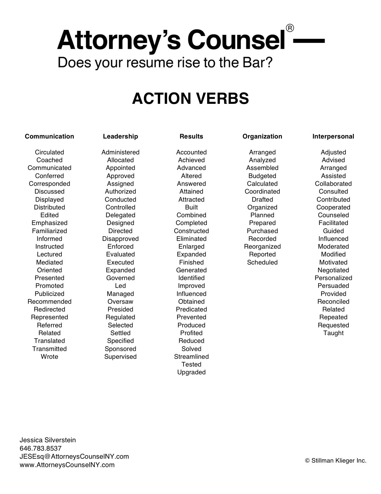 Word List Action Verbs Resume