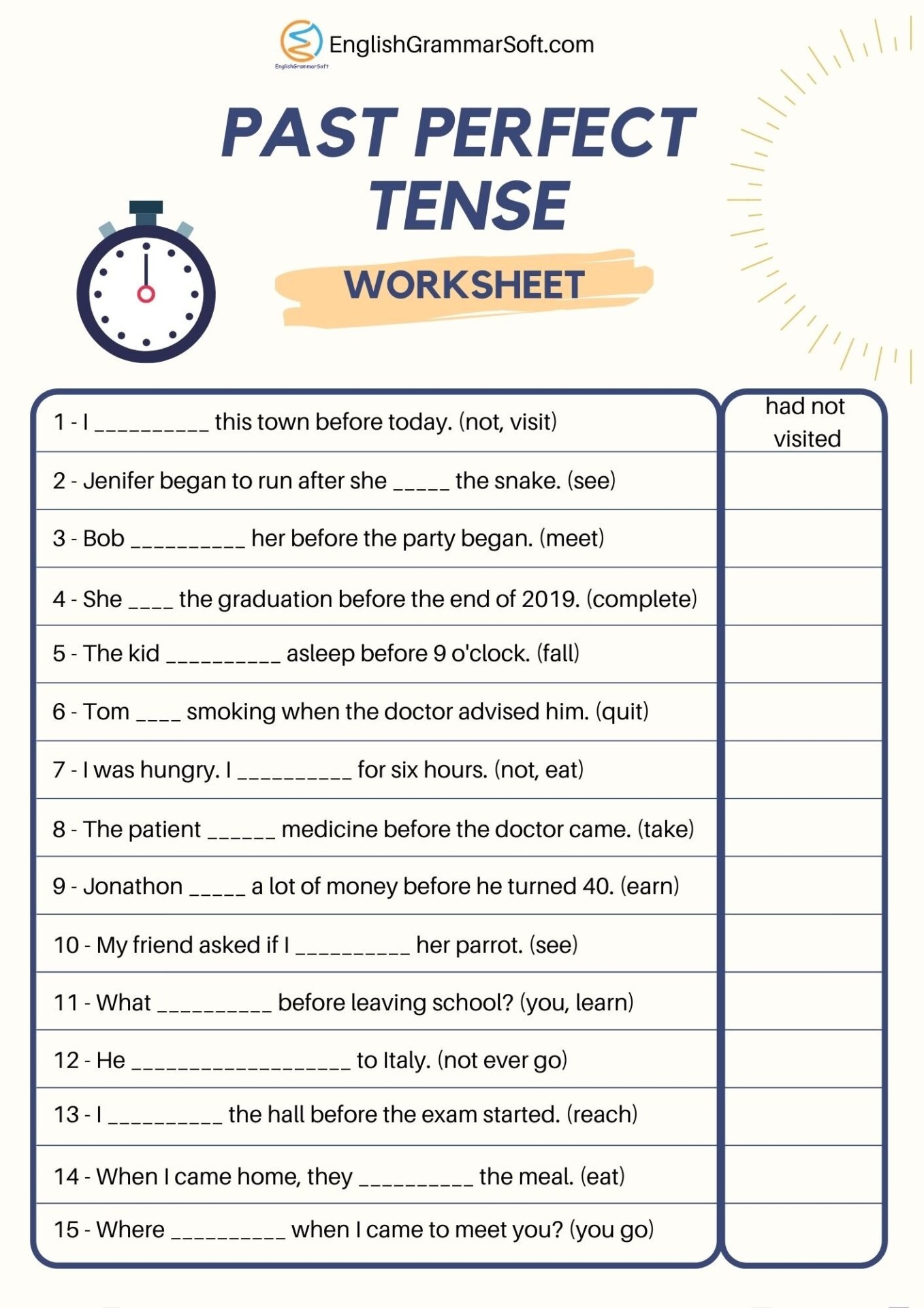 Worksheet For Past Perfect Tense with Answers EnglishGrammarSoft