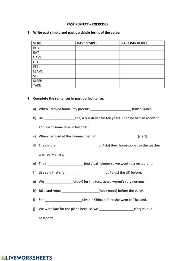 Worksheet For The Past Perfect Tense