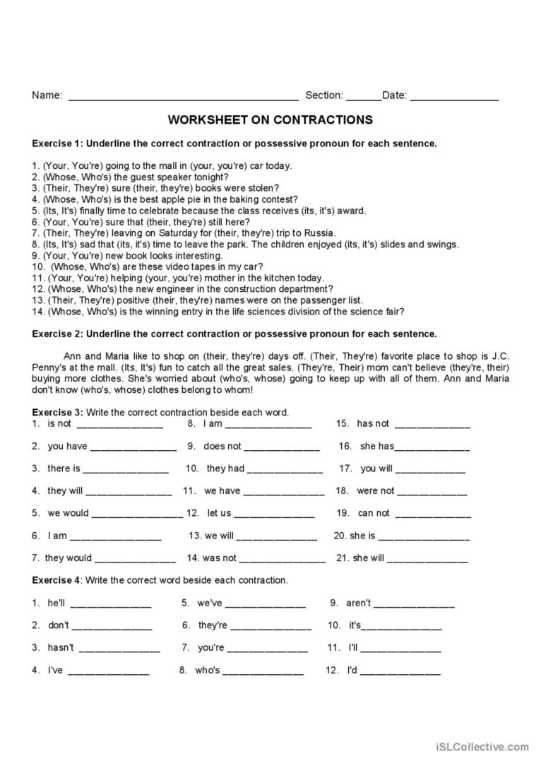printable contractions worksheets pdf