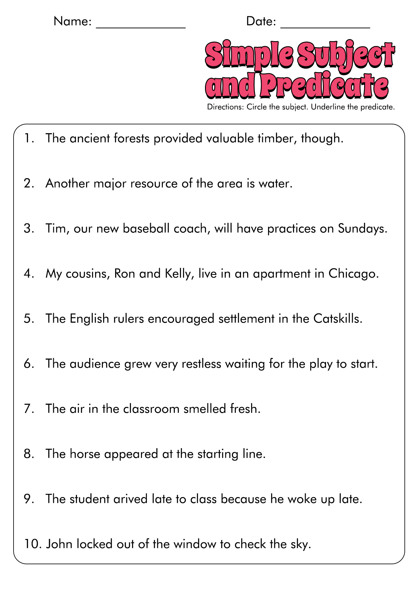 Worksheets Subject And Predicate Printable Vrogue co