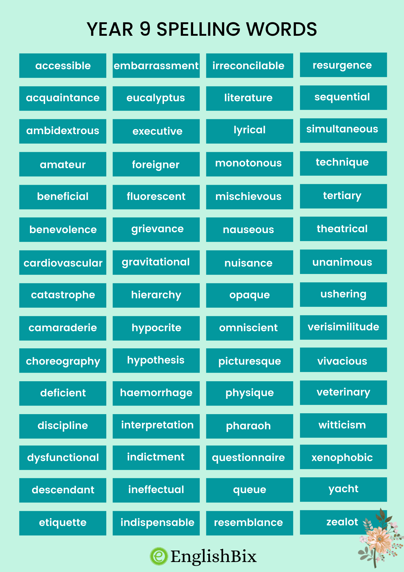 Year 9 Spelling Words List A To Z EnglishBix