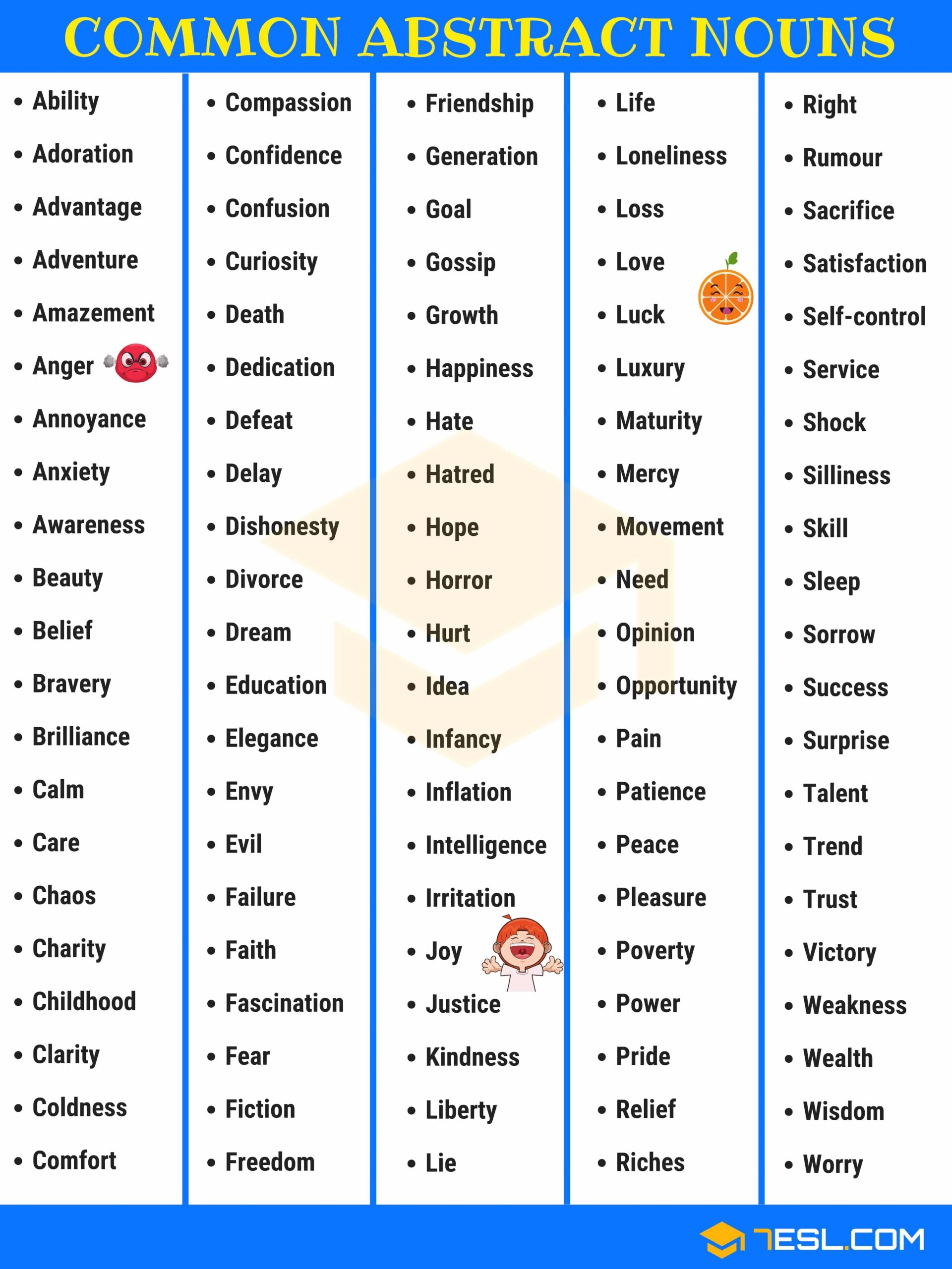 100 Examples Of Abstract Nouns In English 7ESL