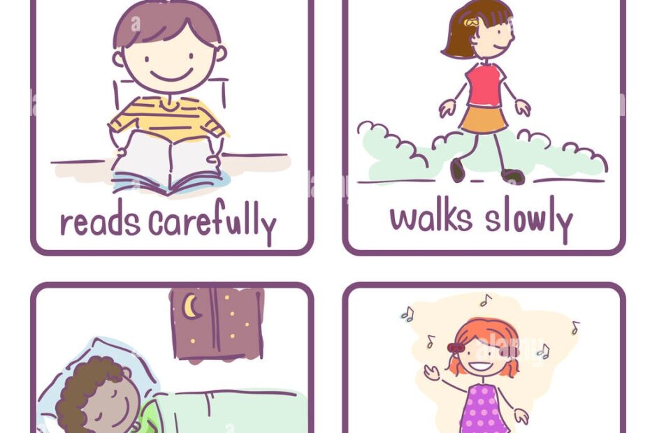 Illustration Of Examples Of Adverbs For English Class From Reading Carefully Walking Slowly Sleeping Quietly And Singing Beautifully Stock Photo Alamy