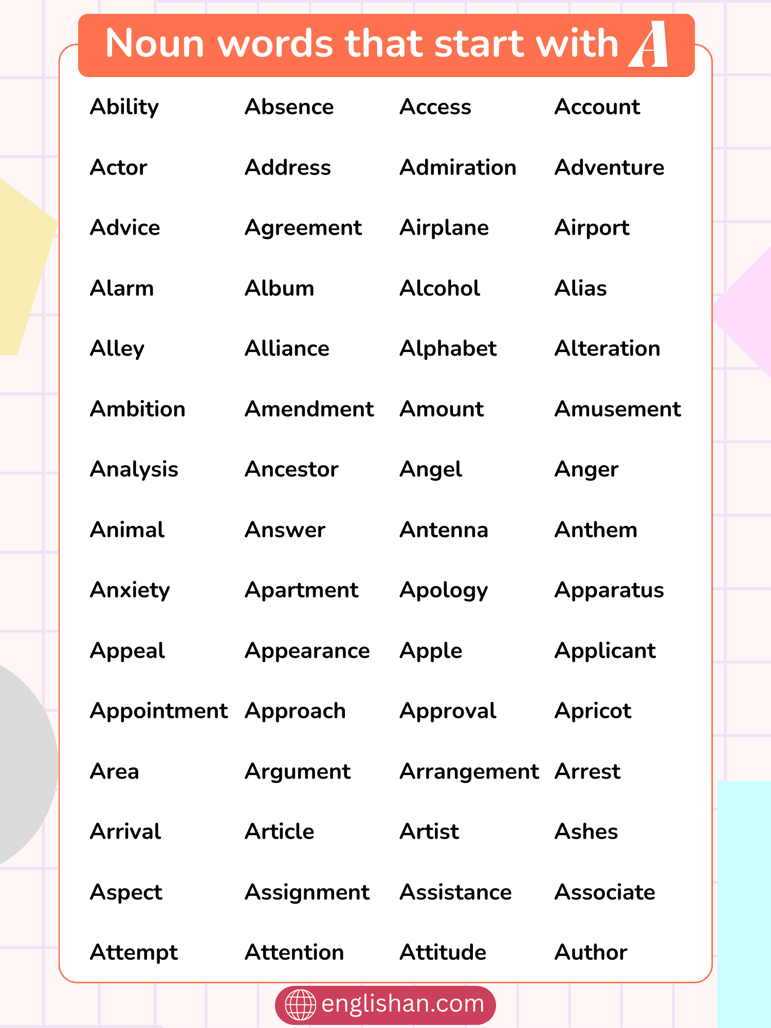 Noun Words That Start With A Complete List Of 129 Words